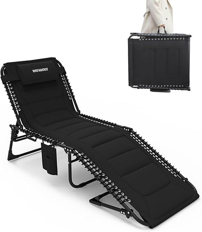 Outdoor Folding Lounge Chair Padded for Adults 264Ibs Patio Chaise Lounge Chair for Outside 5-Position Adjustable Reclining Beach Chair with Pillow Pocket