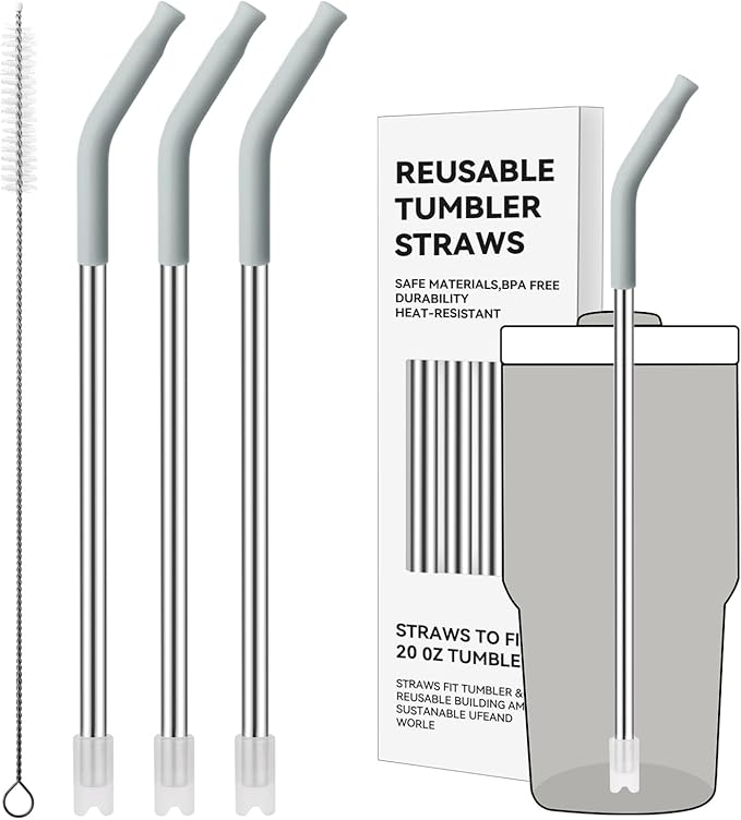 Reusable Metal Straws with Silicone Tip for Stanley 20oz,Stainless Steel Drinking Straws for 20oz Tumbler,3 Straight Tubes & 6 Tips& 1 Cleanr Brush(Ash)