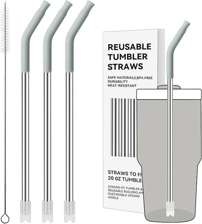 Reusable Metal Straws with Silicone Tip for Stanley 20oz,Stainless Steel Drinking Straws for 20oz Tumbler,3 Straight Tubes & 6 Tips& 1 Cleanr Brush(Ash)