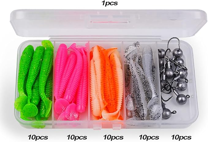Paddle Tail Swimbaits Lures, 40 Pcs 2.36 Inch Soft Plastic Fishing Lures and 10 Pcs Fishhooks with Box, Bass Fishing Lure Swim Baits with 4 Color, for Trout, Crappie, Bass, Freshwater, Saltwater