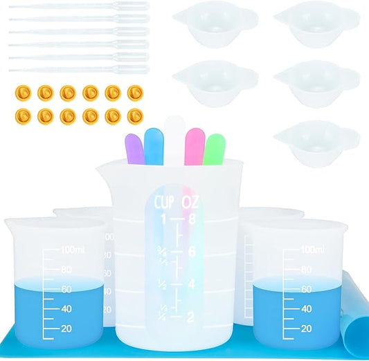 Creahaus Silicone Measuring Cups Tool Kit for Resin, Non-Stick 250 & 100ml Epoxy Mixing Cups, Reusable Resin Supplies with Silicone Mat, Stir Sticks, Pipettes, Cups for Molds, Jewelry Making