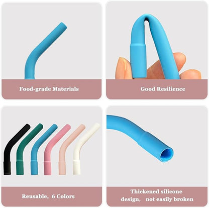 6 Pcs Reusable Silicone Straw Tips with 6 Pcs Clear Plastic Straws Compatible with Stanley 40/30 oz Cup Tumbler 8mm Drinking Long Straws with Flex Elbow Silicone Covers, 1 Cleaning Brush