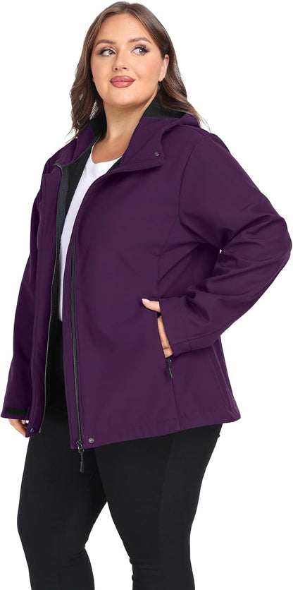 wantdo Women's Plus Size Softshell Jackets Hooded Warm Fleece Lined Windbreaker