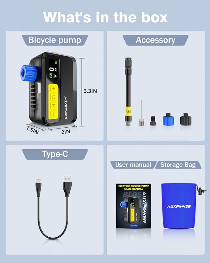 Auxpower 2026 Upgrade 1500mAh Bike Pump 120PSI Fast Inflation Electric Bike Tire Pump with Brushless Motor Mini Powerful Bike Pump 4 Preset Modes for All Bikes and Sport Balls