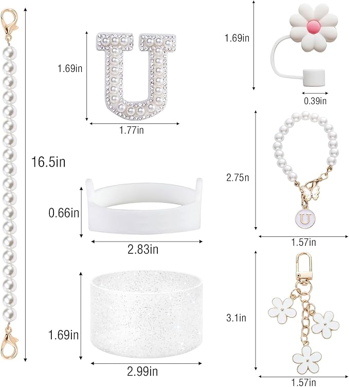 Accessories Set for Stanley - Water Bottle Carrying Pearl Strap, Handle Letter Charms Sticker, Silicone Boot Straw Cover for 40oz & 30oz Tumbler Accessory Kit