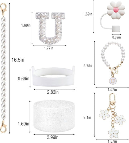 Accessories Set for Stanley - Water Bottle Carrying Pearl Strap, Handle Letter Charms Sticker, Silicone Boot Straw Cover for 40oz & 30oz Tumbler Accessory Kit