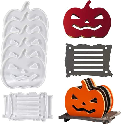 6 Pcs Pumpkin Epoxy Coaster Resin Molds Silicone with Holder, Halloween Pumpkin Coaster Molds Holder Set for Epoxy Resin, DIY Art Craft Cup Mats