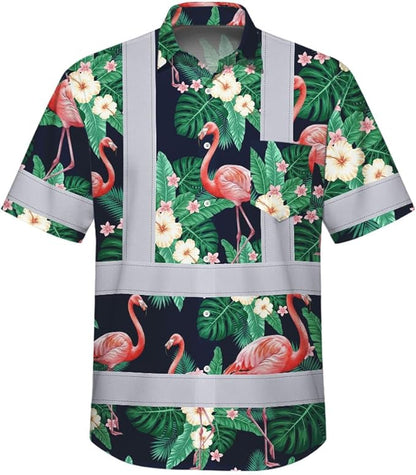 High Visibility Hawaiian Shirt for Men Tropical Shirts Custom Name Floral Outfit Reflective Safety Workwear