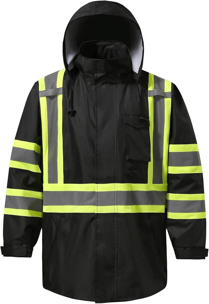 Reflective Rain jackets for men waterproof,Hi Vis Safety Coat With Reflective Strips，High Visibility Class 3 Rain jackets With 2 large pockets，Zipper,Black ，SM/MD