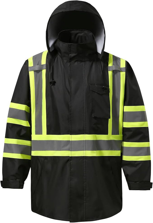Reflective Rain jackets for men waterproof,Hi Vis Safety Coat With Reflective Strips，High Visibility Class 3 Rain jackets With 2 large pockets，Zipper,Black ，4XL/5XL