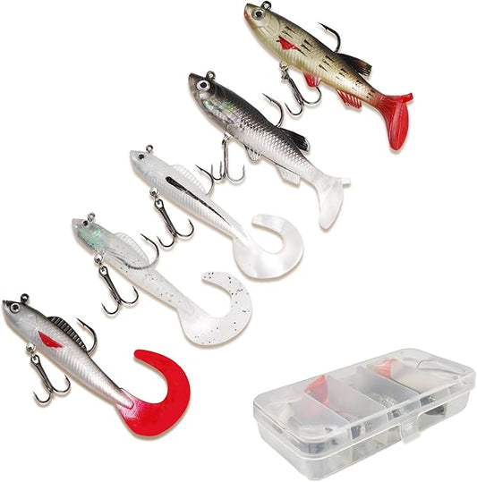 Inmorven Soft Fishing Lures Shad Minnow Swimbaits, Pre-Rigged Jig Head Paddle Tail Swimbaits for Freshwater and Saltwater, Jigs Fishing Bait for Bass Crappie Trout Walleye, Fishing Gifts for Men