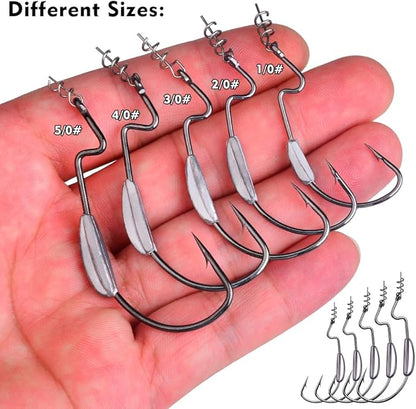 Fishing Hooks for Bass Fishing - 100pcs EWG Offset Worm Hook Texas Rig Hooks for Freshwater Saltwater Size 1/0 2/0 3/0 4/0 5/0 - Soft Lures Worms Plastics Bait Fishing Hook with Tackle Box