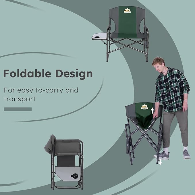 Oversized Directors Camping Chair Set of 2 Support 600 LBS, Heavy Duty Folding Outdoor Chairs with Detachable Side Pocket and Adjustable Side Table for Outside Beach,Lawn,Fishing (Green)
