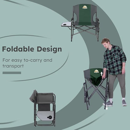 Oversized Directors Camping Chair Set of 2 Support 600 LBS, Heavy Duty Folding Outdoor Chairs with Detachable Side Pocket and Adjustable Side Table for Outside Beach,Lawn,Fishing (Green)