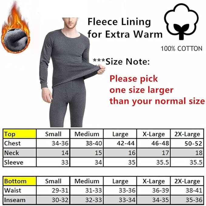 Goyoma Men Winter Fleece Lined 100% Cotton Thermal Long Johns Top Bottom Underwear Set