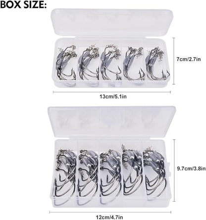 Fishing Hooks for Bass Fishing - 100pcs EWG Offset Worm Hook Texas Rig Hooks for Freshwater Saltwater Size 1/0 2/0 3/0 4/0 5/0 - Soft Lures Worms Plastics Bait Fishing Hook with Tackle Box