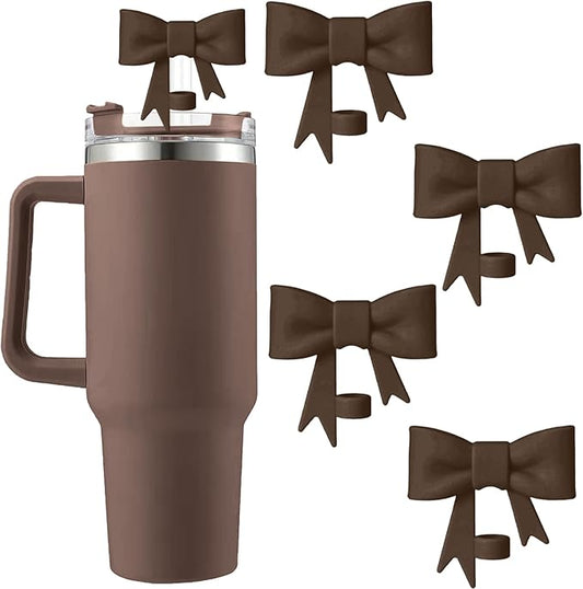 4Pcs Silicone Straw Toppers Covers for Stanley Cups 40/30oz 10mm(0.4in) Chocolate Dust-Proof Bow Straw Covers Toppers Suitbale for Stanley Cup Accessories Reusable Straws Caps