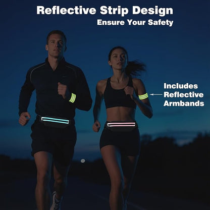 Slim Running Belt Fanny Packs for Women Man,Adjustable WaterProof Running Pouch Waist Bag for Workout Jogging,Elastic Phone Holder for Runner Comes with Reflective Armbands