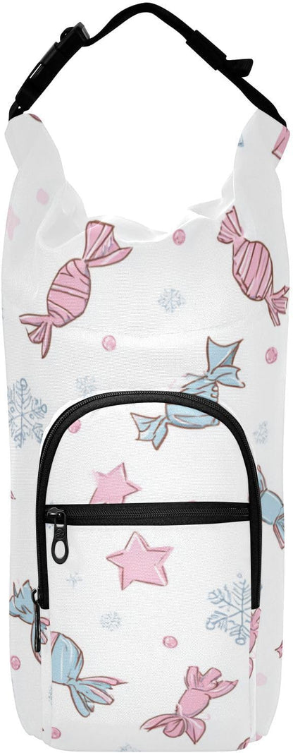 Candies Bows Stars Snowflake Water Bottle Holder with Strap Insulated Water Bottle Carrier Crossbody Bags Pouch with Phone Pocket for Travel Gym Hiking Walking Running