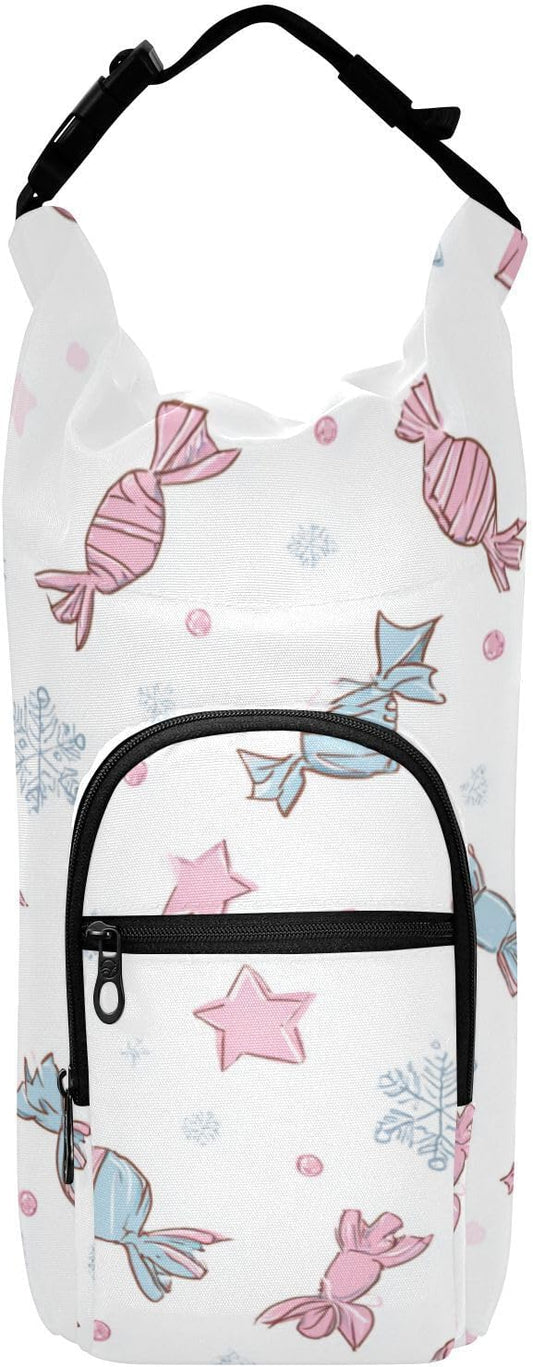 Candies Bows Stars Snowflake Water Bottle Holder with Strap Insulated Water Bottle Carrier Crossbody Bags Pouch with Phone Pocket for Travel Gym Hiking Walking Running