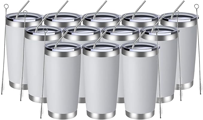 MEWAY 20oz Tumbler 12 Pack Double Wall Vacuum Insulated Travel Mug Bulk, Stainless Steel Tumblers with Lid and Straw, Durable Powder Coated Coffee Cups for Cold & Hot Drinks (White, 12)