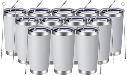 MEWAY 20oz Tumbler 12 Pack Double Wall Vacuum Insulated Travel Mug Bulk, Stainless Steel Tumblers with Lid and Straw, Durable Powder Coated Coffee Cups for Cold & Hot Drinks (White, 12)