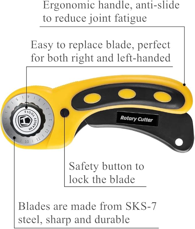 Headley Tools Rotary Cutter Set - 45mm Fabric Cutter, 5 Extra Rotary Blades, A3 Cutting Mat, Quilting Ruler and Sewing Clips, Craft Knife Set, Ideal for Crafting, Sewing, Scrapbooking, Patchworking