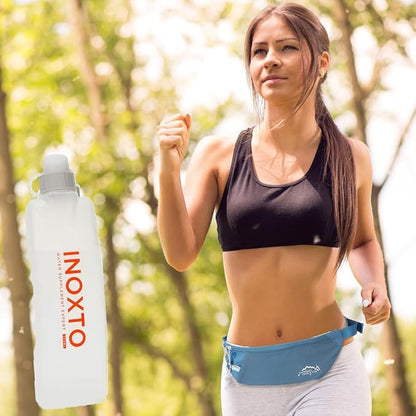 INOXTO Slim Running Belt Fanny Pack for Women and Men Sports Waist Bag Pack with 300ml Water Bottle for Running Walking Cycling Hiking Reflective Running Pouch Belt for All Phones (Dack Blue)