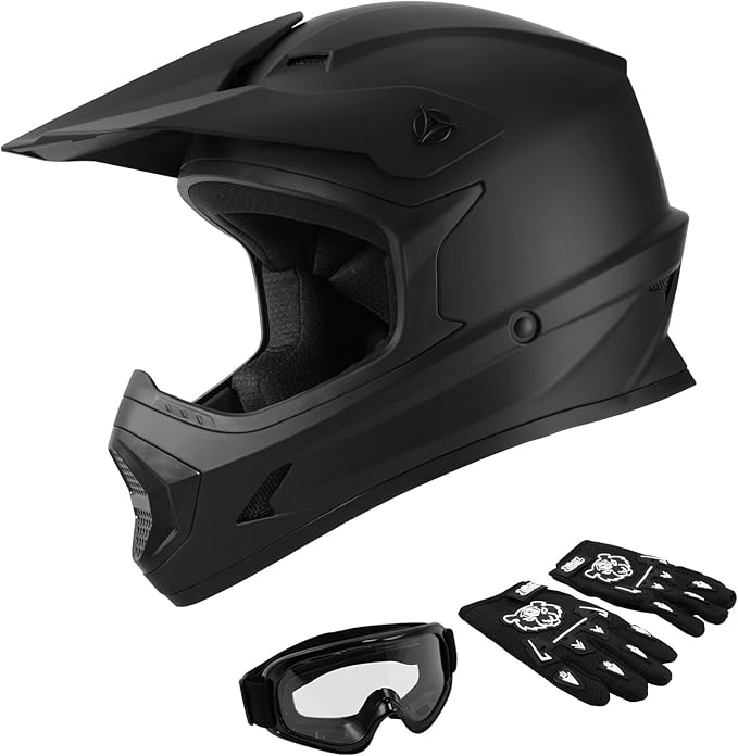 SLMOTO Youth ATV Helmet DOT Youth Kids Motocross Offroad Street Dirt Bike Helmet Motorcycle ATV Full Face Helmet with Goggles Gloves, Matte Black Medium