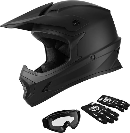 SLMOTO Youth ATV Helmet DOT Youth Kids Motocross Offroad Street Dirt Bike Helmet Motorcycle ATV Full Face Helmet with Goggles Gloves, Matte Black Small