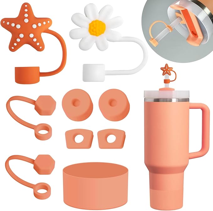 Stanley Cup Accessories Set Including 6 Pcs Silicone Spill Proof Stopper, 2 Pcs Straw Cover Cap for 9-10 mm Straws, 1 Pcs Silicone Boot for Stanley Cup 40oz & 30oz Tumbler (Nectarine)