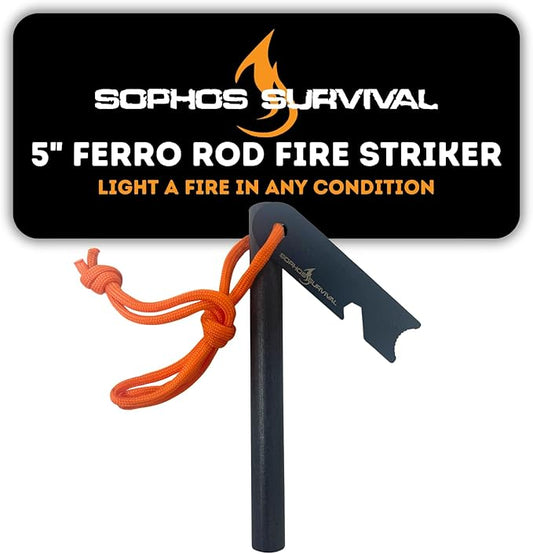 Ferro Rod Fire Starter Drilled Flint and Steel Survival Tool Kit with High Visibility Paracord Lanyard and Weatherproof Striker