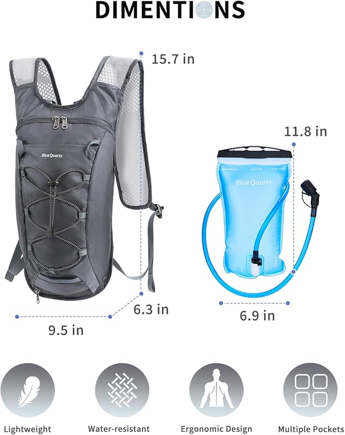 Blue Quartz Hydration Backpack with 2L Water Bladder, Hiking Water Backpack for Women Men, Lightweight Cycling Daypack with Phone Pocket & Helmet Net Bag, Hydration Pack for Biking, Running, Skiing
