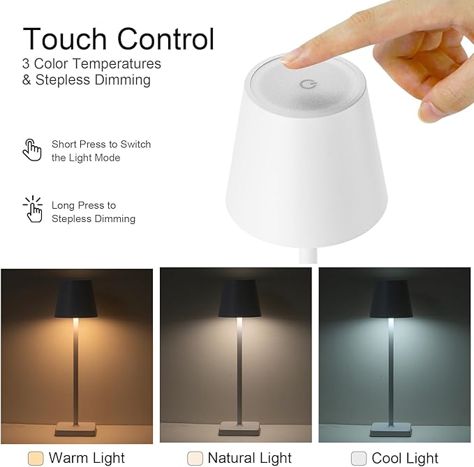 2 Pack Rechargeable Cordless Table Lamps, 5200mAh Battery Touch Table Light, Aluminum Shell Stepless Dimmable Portable LED Desk Lamp for Dinner/Restaurant/Outdoor White