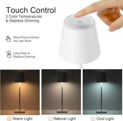 2 Pack Rechargeable Cordless Table Lamps, 5200mAh Battery Touch Table Light, Aluminum Shell Stepless Dimmable Portable LED Desk Lamp for Dinner/Restaurant/Outdoor White