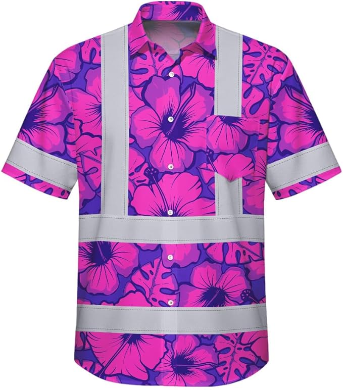 High Visibility Hawaiian Shirt for Men Tropical Shirts Custom Name Floral Outfit Reflective Safety Workwear