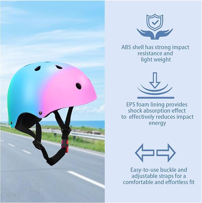 Color Gradient Adjustable Kids Bike Helmet with Knee & Elbow Pads Set | Multi-Sport Safety Gear for Boys & Girls Ages 5-14 | Skateboarding, Scooters, Roller & Inline Skating, Longboarding