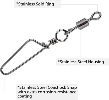 Dr.Fish 30 Pack Barrel Snap Swivels, Barrel Swivels Fishing Tackle Crane Rolling Coast Lock Snap Lure Leader Line Connector Fresh&Saltwater