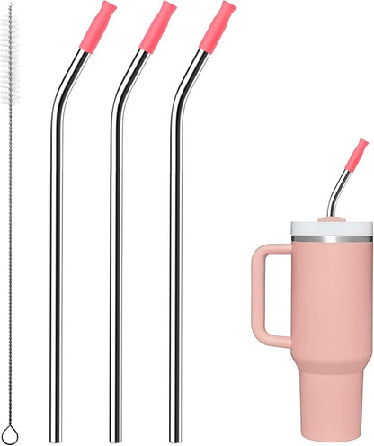 Reusable Stainless Steel Straws with Silicone Tip for Stanley 40oz, Metal Drinking Straws for 40oz Tumbler,3 Bent Tubes & 6 Tips& 1 Cleanr Brush (Pink Dusk)