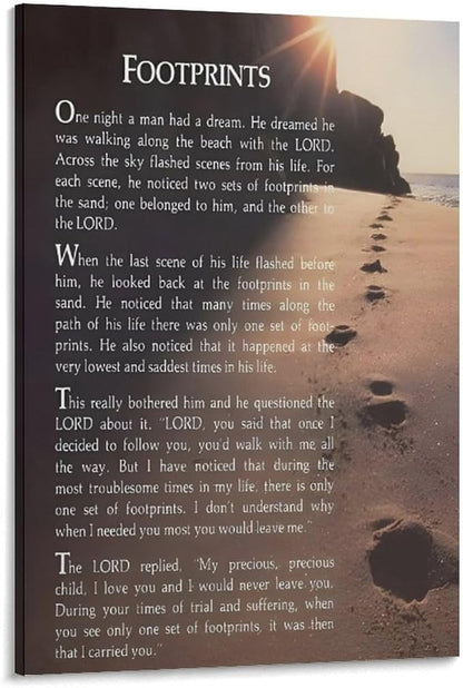 Footprints in the Sand Religious Canvas Wall Art Posters, Inspirational Beach Sunset Poem Print Poster (Framed 12x18inch, Footprints(7))