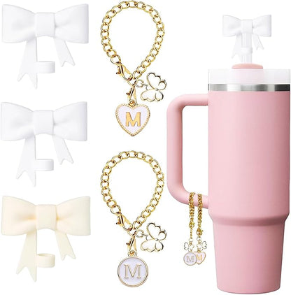 Bow for Stanley Straw Topper- 3pcs Cute Cup Bow Straw Cover Silicone Cap 10mm with 2pcs Initial Letter Charms Name Id Personalized Accessories 40/30 Oz Tumbler Water Bottle Cups White-M