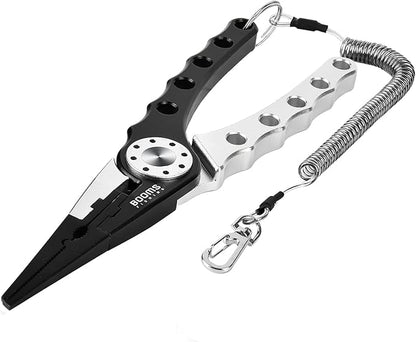 Booms Fishing X1 Aluminum Fishing Pliers Saltwater, Surf Fishing Tackle Kit, Fishing Multitool Hook Remover Braided Fishing Line Cutting and Split Ring with Coiled Lanyard and Sheath