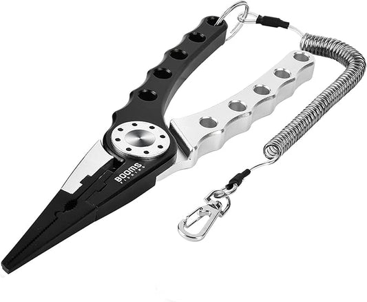 Booms Fishing X1 Aluminum Fishing Pliers Saltwater, Surf Fishing Tackle Kit, Fishing Multitool Hook Remover Braided Fishing Line Cutting and Split Ring with Coiled Lanyard and Sheath