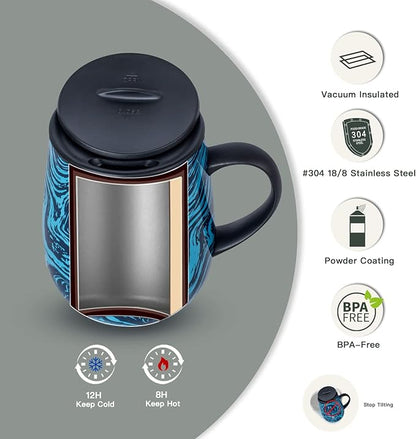 Ideus 16 oz Insulated Coffee Mug with Handle and Lid, Double Wall Stainless Steel Vacuum Thermal Coffee Mug, Travel Coffee Cup Thermal Cup for Home and Office, Blue Zebra