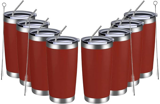 MEWAY 20oz Tumbler 8 Pack Double Wall Vacuum Insulated Travel Mug Bulk, Stainless Steel Tumblers with Lid and Straw, Powder Coated Coffee Cups for Cold & Hot Drinks (Red, Set of 8)