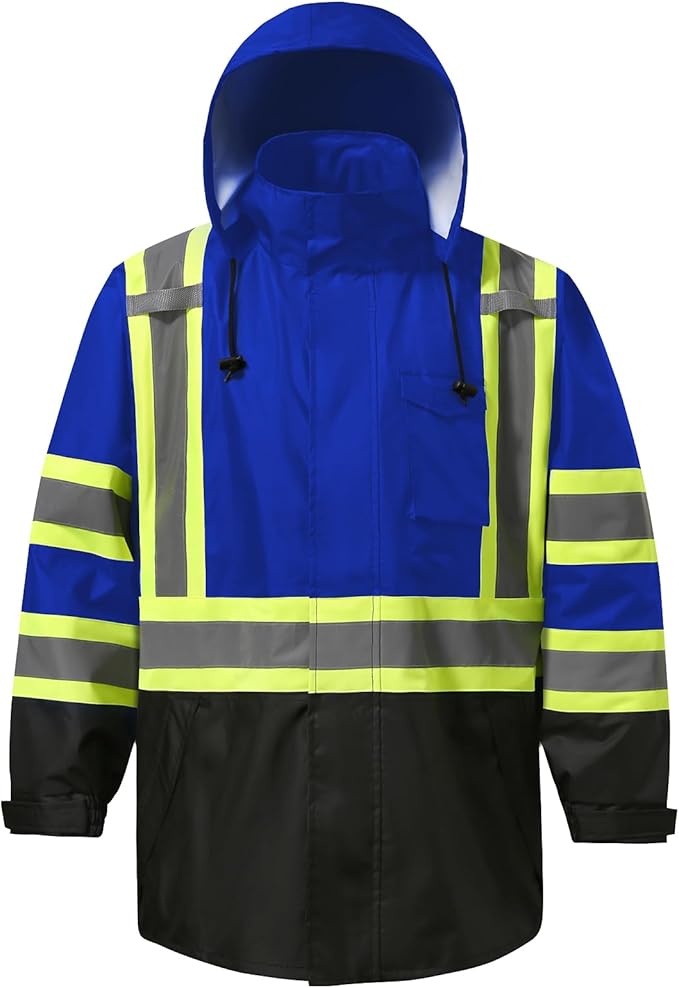 Reflective Rain jackets for men waterproof,Hi Vis Safety Coat With Reflective Strips，High Visibility Class 3 Rain jackets With 2 large pockets,Zipper,Blue,LG/XL