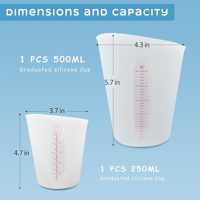 Silicone Measuring Cups, Demorex Silicone Reusable Mixing Pouring Measure Cups, Melt Stir Squeeze & Pour Measuring Cups for Epoxy Resin Casting Moulds Cups 2Pack 500ml(16oz)/250ml(8oz)