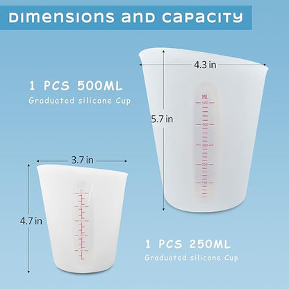 Silicone Measuring Cups, Demorex Silicone Reusable Mixing Pouring Measure Cups, Melt Stir Squeeze & Pour Measuring Cups for Epoxy Resin Casting Moulds Cups 2Pack 500ml(16oz)/250ml(8oz)