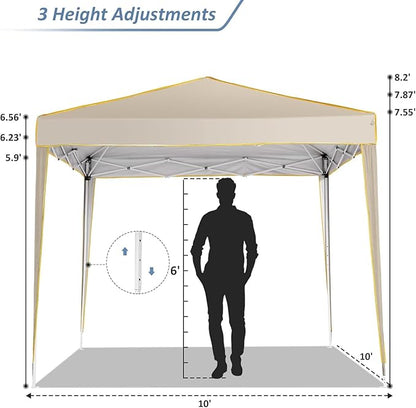 COBIZI 10x10 Pop Up Canopy with 4 Sidewalls, Easy up Canopy for Events, Sports, Beach, Party, Outdoor Party Canopies with 4 Weight Bags, Stakes x4, Ropes x4, Khaki