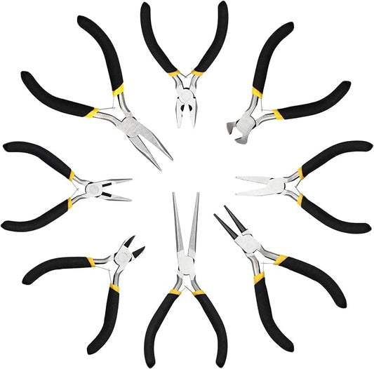 8pc 4.5" Mini Pliers Set - Long, Diagonal, End Cutting, Bent, Combination, Flat, Needle, Round Nose Pliers for Jewelry Making